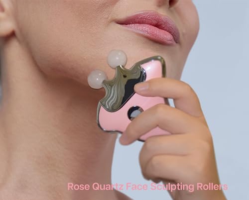 VRAIKO GemGlow Jade Roller and Gua Sha Device, 4-in-1 Gua Sha Face Tools, Face Massager with Red Light Therapy and Heat, Muscle Relaxation, Relieves Fine Lines and Wrinkles (Rose Quartz)
