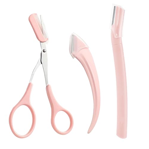 Juformin Eyebrow Trimmer Set, 3 Pcs Eyebrow Lamination Kit,Eyebrow Scissors with Comb& Curved Eyebrow Razor&Straight Eyebrow Razor,Convenient Beauty Tools for Men Women(Pink)