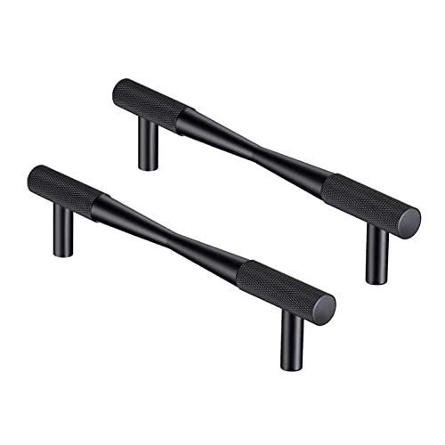 CILEYTION 10 Pack Flat Black Drawer Pulls , 5 Inch Hole Centers Black Knurled Cabinet Handles, Solid T Bar Black Handles for Cabinets and Drawers
