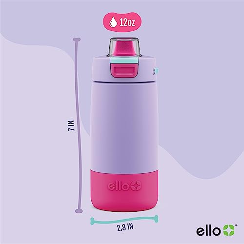 Ello Kids Colby 12oz Stainless Steel Insulated Water Bottle with Straw and Built-In Silicone Coaster Carrying Handle and Leak-Proof Locking Lid for School Backpack, Lunchbox, and Outdoor Sports, Lilac