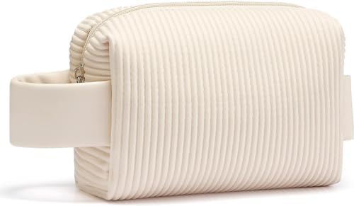 Small Makeup Bag, PU Striped Leather Cosmetic Bag, Portable Travel Makeup Pouch,Waterproof Cosmetic Pouch with Handle,Cute Makeup Bags for Women and Girls (Blue)