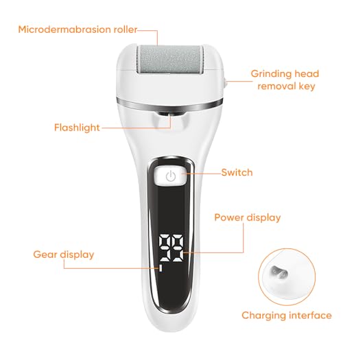 Electric Callus Remover for Feet | Rechargeable Foot File, Electric Foot Scrubber | 18 Piece Pedicure kit for Cracked Heels & Dead Skin with 3 Roller Heads By Quantum Lux (White)