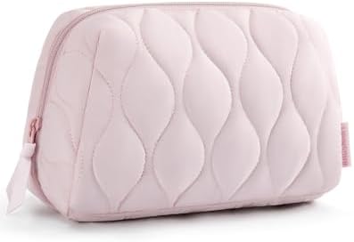 Puffy Padded Makeup Bag for Women - Travel Cosmetic Organizer Case with Wide-Open Design, Spacious Capacity, and Easy-Clean Pockets, Perfect for Toiletries, Brushes, and Travel Essentials, Pink