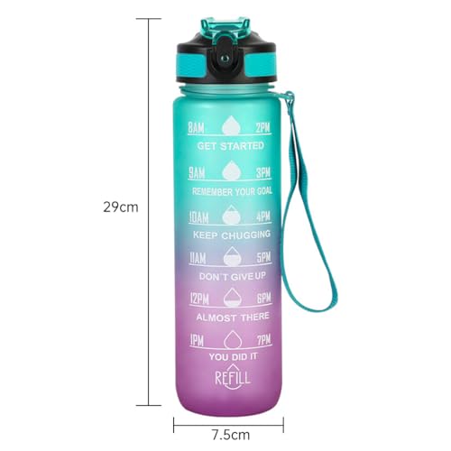ECVV® 1L Motivational Water Bottle with Time Marker & Encourage Phrase - BPA Free, Leakproof Wide Mouth, Fast Flow Technology, Perfect for Daily Hydration(Green,Purple)