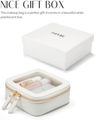 Small Cosmetic Bag for Purse Mini Makeup Bag for School Cute Clear Make Up Pouch for Travel Tiny Leather White Make Up Organizer Case for Backpack Toiletry Bag Waterproof Square Pouch with Zipper