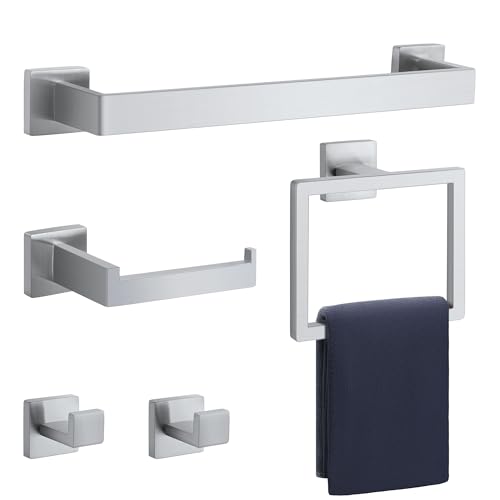 PAHSFS Bathroom Hardware Set Brushed Silver 5-Pieces Bathroom Towel Rack SUS304 Stainless Steel Bath Towel Bar Set, Towel Racks Wall Mounted.