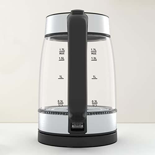 TEFAL Kettle | 1.7 L Glass Electric Kettle | 18050-2200 W | Concealed Heating Element | Cordless 360° Design | Removable Anti-Scale Filter | Precision Spout | Assisted Lid Opening | KI700827