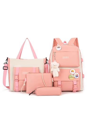 School Bag for Girls, 4Pcs Cute Backpack Set with Pendant Lunch Bag, Pencil Case, Handbag, Coin Purse for Teen Girls School Backpack