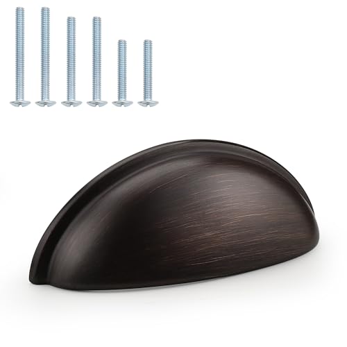 (12 Pack)Probrico Modern Drawer Pulls Oil Rubbed Bronze Cabinet Handles 3 Inch(76mm) Hole Center Cabinet Cup Pulls Kitchen Cabinet Hardware Bin Cup Drawer Handles Knobs for Dresser Closet