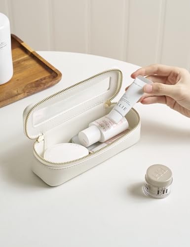 Small Cosmetic Bag for Purse Mini Makeup Bag for School Cute Clear Make Up Pouch for Travel Tiny Leather White Make Up Organizer Case for Backpack Toiletry Bag Waterproof Square Pouch with Zipper