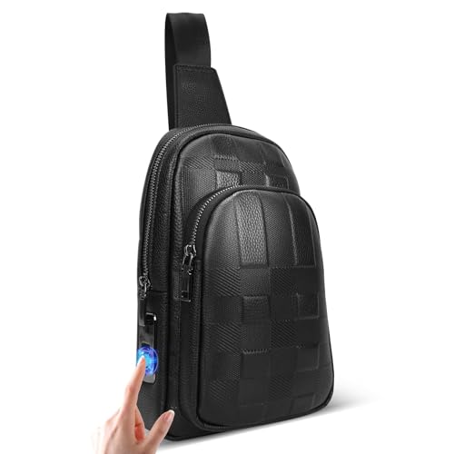 Fingerprint Unlock Anti Theft Proof Crossbody Bag, Leather Purse Waterproof Large Sling Bag for Men, Multi-pocket Backpack Bag for Travel, Black