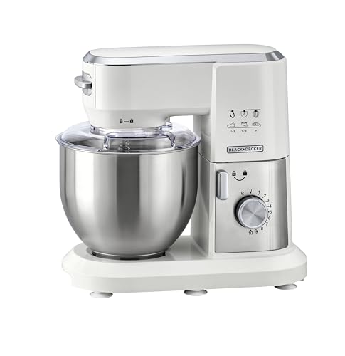 BLACK+DECKER Stand Mixer, 1000W, 6L Stainless Steel Bowl, 10 Speeds + Pulse, Planetary Action, Dough Hook, Beater, Whisk Attachments, Tilt Head, for Baking and Kneading, White - MKM100-B
