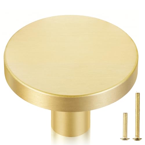 QOGRISUN 10-Pack Solid Brass Cabinet Knobs, 1-5/16-Inch Diameter, Round Gold Dresser Drawer Pulls Handles, Modern Kitchen Hardware, Brushed Brass Finish