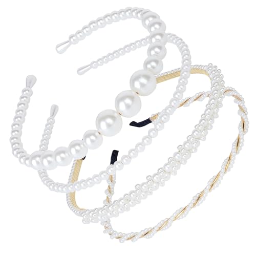 BEAYFILY 4 Pack Pearls Fashion Headbands,White Artificial Pearl Rhinestones Hairbands,Bridal Hair Hoop Party Wedding Hair Accessories for Women Girls