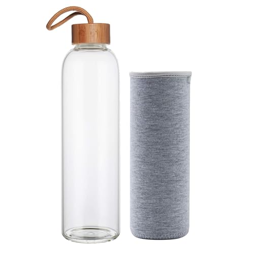 MAX-EMA Glass Water Bottle 1 Liter With Bamboo Lid And Neoprene Sleeve Reusable Glass Bottle For Hot And Cold Drinks, Juice, Tea, Milk, Smoothies And For Home, Gym And Travel (Grey)