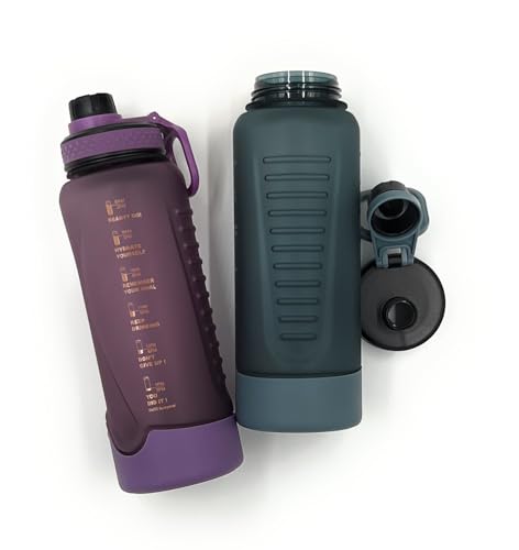 VIO® Sports Water Bottle Time Marker Leak Proof Reusable Motivational Drinking Fitness 1L Jug Portable Sturdy Daily Use Anti Slip Base Drinkware for Men Women Kids School Sports Fitness (Purple)