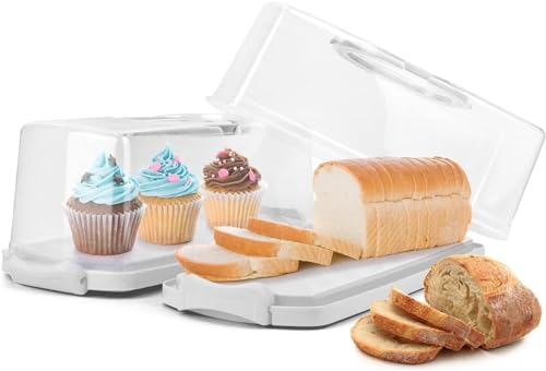 THE WHITE SHOP 2 pcs Plastic Rectangular Bread Box with Clear Lid, Loaf Cake Keeper, Portable Bread Keeper Storage Container