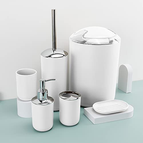 Bathroom Accessories Set Bath Ensemble Includes Soap Dispenser, Toothbrush Holder, Tumbler, Soap Dish for Decorative Countertop and Housewarming Gift (White)