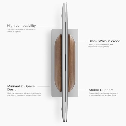 QinCoon Vertical Laptop Stand for Desk, Black Walnut Wood and Aluminium Laptop Holder for All MacBook, Surface, Samsung, HP, Dell, Chrome Book
