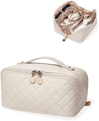 EACHY Travel Makeup Bag,Large Capacity Cosmetic Bags for Women,Waterproof Portable Pouch Open Flat Toiletry Bag Make up Organizer with Divider and Handle