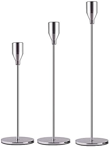 SUJUN Silver Candle Holders Set of 3 for Taper Candles, Decorative Candlestick Holder for Wedding, Dinning, Party, Fits 3/4 inch Thick Candle&Led Candles (Metal Candle Stand)