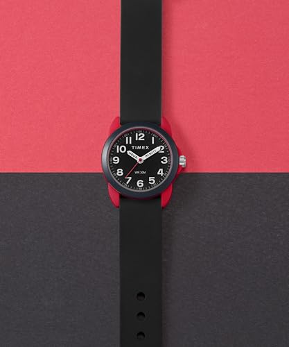 Timex Kids Time Machines 30 mm Watch, Black Silicone Strap Black Dial Red Case TW2W91900, Red, strap