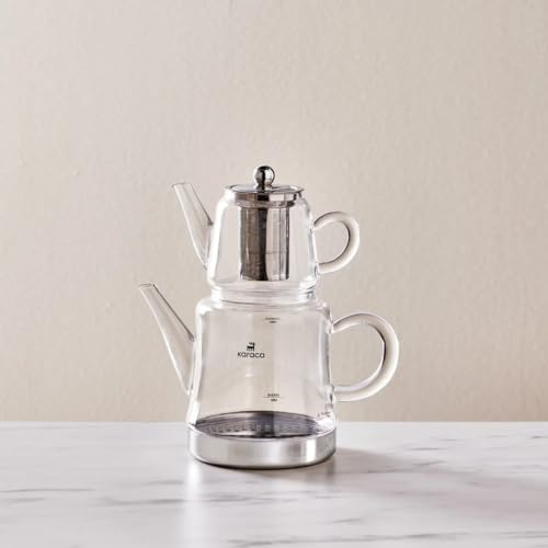 Karaca Dora Glass Teapot, 450 ml, Kettle 180 ml, Suitable for Gas and Electric Cooking Systems, Tea Maker, Caydanlik, and Teapot Set, Teapot