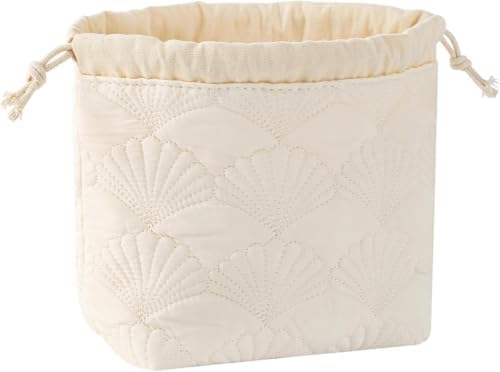 Quilted Cotton Makeup Pouch, Coquette Quilted Toiletry Bag for Women and Girls, Floral Coquette Organizer Bag, Aesthetic Travel Cosmetic Bags (White Shells Drawstring)