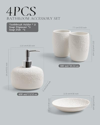 ANTIS'S HOME Bathroom Accessories Set with Embossed Design 4PCS, Ceramic White Bathroom Accessory Set, 1Pcs Bathroom Soap Dispenser 14oz, 2Pcs Tumbler Cup, 1Pcs Soap Dish,