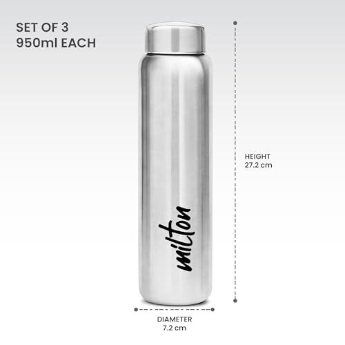 MILTON 3-Piece 950ml Stainless Steel Water Bottle, Single-Walled, BPA-Free, Leak-Proof, Rust-Free, Easy-Grip Fridge Bottle,Easy to Carry, Gym Bottle for Men, Kids, School & Travel - Aqua