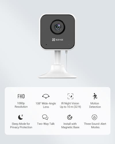 EZVIZ H1C CCTV Camera for Home, 1080p WiFi Security Camera, Baby Monitor Mini Camera with Night Vision, Two Way Talk, Sleep Mode, Sounds Alert, Magnetic Base, Motion Detection, Supports MicroSD Card