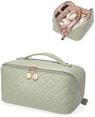 EACHY Travel Makeup Bag,Large Capacity Cosmetic Bags for Women,Waterproof Portable Pouch Open Flat Toiletry Bag Make up Organizer with Divider and Handle
