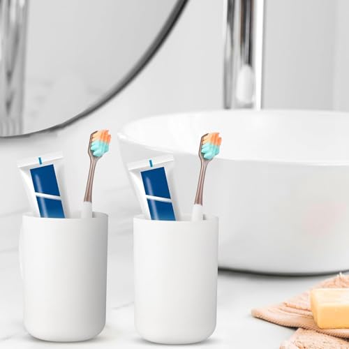 Toothbrush Tumbler Cup, 2 Pcs 300ml/10oz White Reusable Toothpaste Toothbrush Holder Cups for Home Bathroom Kitchen Travel Camping, Plastic Mouthwash Mug Set for Women Men, 10.3x7.2 cm/4.05x2.83 inch