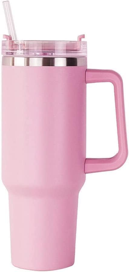Bestlsy 40oz/1200ml Insulated Travel Mug Tumbler with Handle Double Wall Vacuum Sealed Stainless Steel Cup with Straw and Lid Coffee Beer Mug for Hot Iced Drink (Pink)