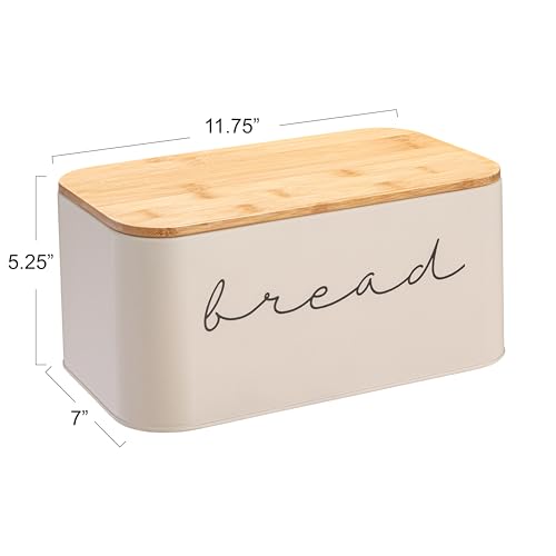 Bloomingville Metal Bin with Bamboo Lid, Cream Bread Box, 11.75" L x 5.25" W x 7" H, Beige