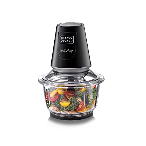 BLACK+DECKER Multi-Function Glass Chopper & Mincer, 400W, XXL 1.2L Bowl, 4-Blade System, Pulse Speed for Precision, Ice Crushing, Compact Sleek Black Design, Easy to Clean, Black - GC400-B5