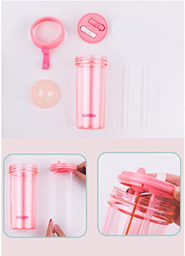 HALAYAYA Double Straw Water Cup Kids School Water Bottles Creative Water Cup One Cup of Two Different Drinks for Couple Outdoor Camping Travel 600ml (pink)