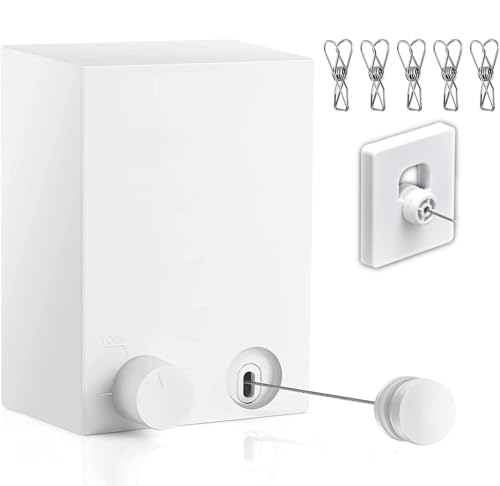 Retractable Clothesline - Heavy Duty Stainless Steel 13.8 Ft Adjustable Space Saving Drying Rope with Aluminum and ABS Wall Mount Case, Perfect for Compact Areas Indoor/Outdoor, White