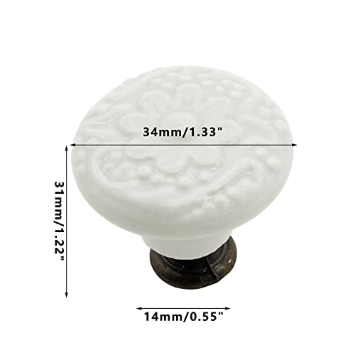 Unlorspy 12 Pcs Ceramic Knobs, 34mm/1.33 Inch Diameter Floral Ceramic Cabinet Knobs Decorative Knobs Round Dresser Knobs Drawer Pulls Handles Single Knobs with Screws for Furniture Cabinet (White)
