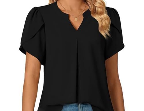 Women's Chiffon V-Neck Blouse T-Shirt Loose Pleated Chiffon T-shirt Tops