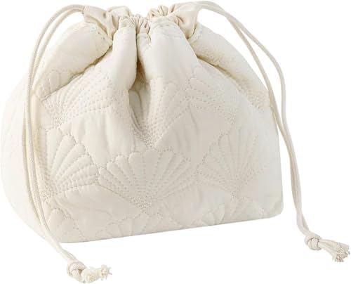 Quilted Cotton Makeup Pouch, Coquette Quilted Toiletry Bag for Women and Girls, Floral Coquette Organizer Bag, Aesthetic Travel Cosmetic Bags (White Shells Drawstring)