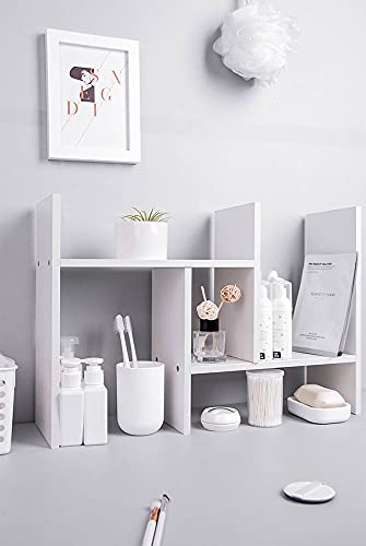TKAS Desktop Organizer Bookshelf Office Storage Rack Adjustable Wood Display Shelf Home Decor Free Style Rotation Countertop Bookcase Office Supplies Desk Organizer Accessories (White)