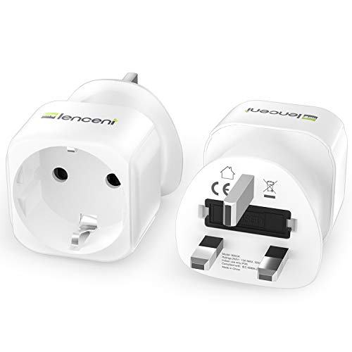 LENCENT 2Pcs EU to UK Plug Adapter, Europe Schuko 2 Pin to 3 Pin UK Travel Adaptor, European Euro to British Adapter- White