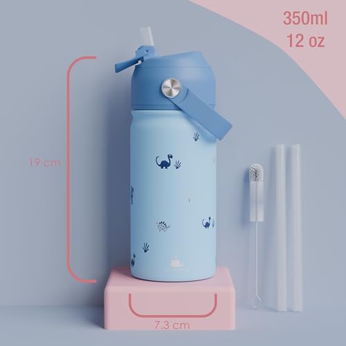 wigglywhale Stainless Steel Water Bottle for Kids - Leak Proof Kids Water Bottle for School - 380ML BPA-Free Toddler Water Bottle with Straw, Double Wall for Hot & Cold Liquids