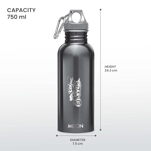 MILTON 750ml Stainless Steel Water Bottle with Screw Top Lid, Single-Walled, BPA-Free, Leak-Proof, Rust-Free, Easy-Grip Fridge Bottle, Gym Bottle for Men, Kids, School & Travel - Alive - Black