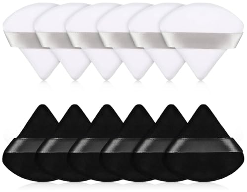 MOMENT 12 Pieces Powder Puff Face Triangle Makeup Sponge for Loose Powder Setting Powder Velour Foundation Blender Sponge Beauty Makeup Tool, Black & White