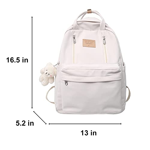 AONUOWE Preppy Backpack with Plushies Cute Backpack for Teen Girls Light Academia Bookbags Solid Aesthetic School Bag