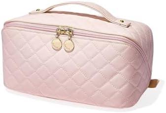 EACHY Travel Makeup Bag,Large Capacity Cosmetic Bags for Women,Waterproof Portable Pouch Open Flat Toiletry Bag Make up Organizer with Divider and Handle