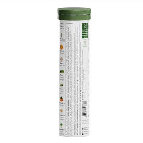 Wellbeing Nutrition Daily Greens, Wholefood Multivitamin with Vitamin C, Zinc, B6, B12, Iron for Immunity and Detox with 39+ Organic Certified Plant Superfoods & Antioxidants(15 Effervescent Tablets)