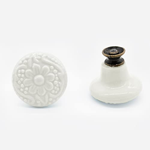 Unlorspy 12 Pcs Ceramic Knobs, 34mm/1.33 Inch Diameter Floral Ceramic Cabinet Knobs Decorative Knobs Round Dresser Knobs Drawer Pulls Handles Single Knobs with Screws for Furniture Cabinet (White)